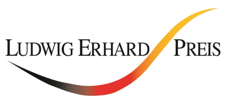 Logo des Ludwig Erhard Preises mit farbiger Kurve in Schwarz, Rot und Gelb.