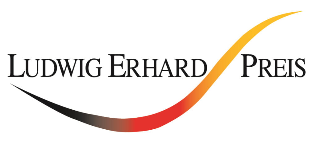 Logo des Ludwig Erhard Preises mit geschwungener, farbiger Linie und schwarzem Text.